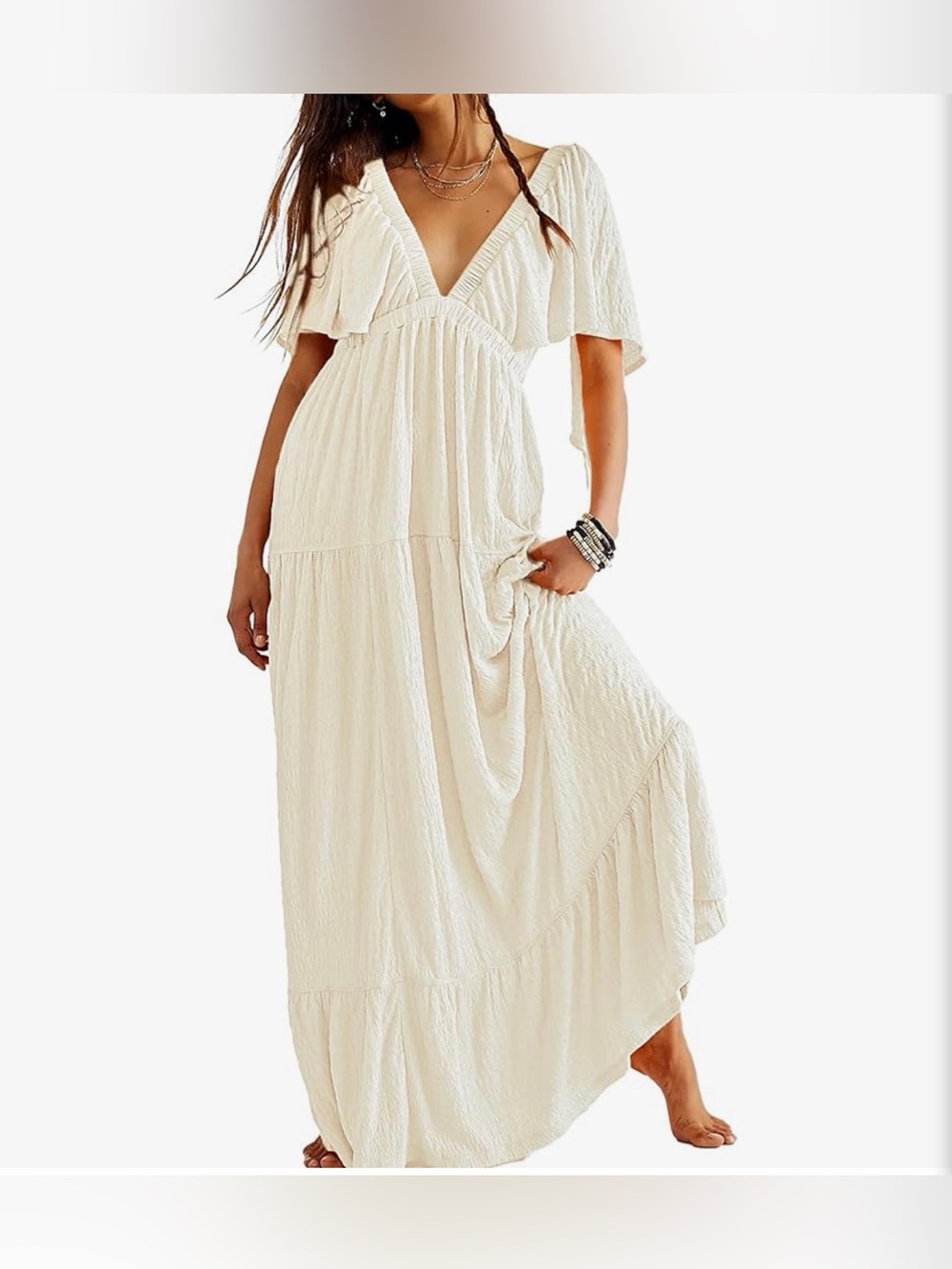 NWT Kikibell Flutter-Sleeve V-Neck Maxi Dress in Cream with a tiered silhouette